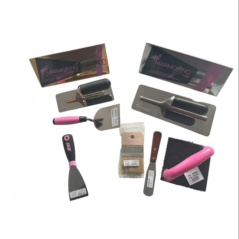 Set of construction tools including trowels and scrapers with Marmorino Tools branding on a white background.